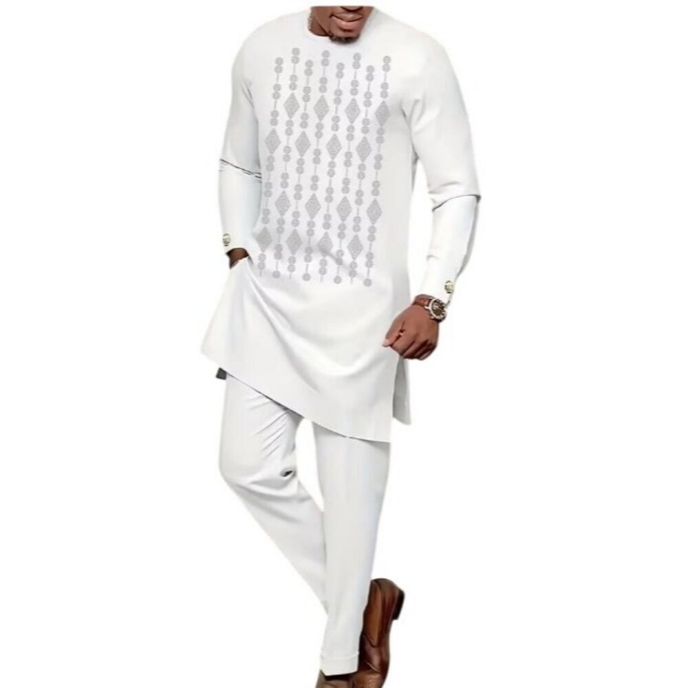 African Formal Dashiki Crisp White Shirt & Pant Suit Traditional Dress Outfit
